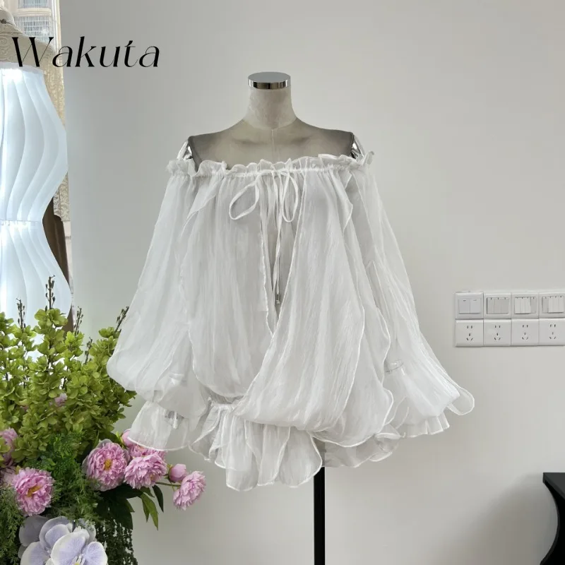 WAKUTA French Spring Fashion One Shoulder Lantern Long Sleeve Top Small Design Flower Bud Loose Chiffon Shirt Camisas De Mujer