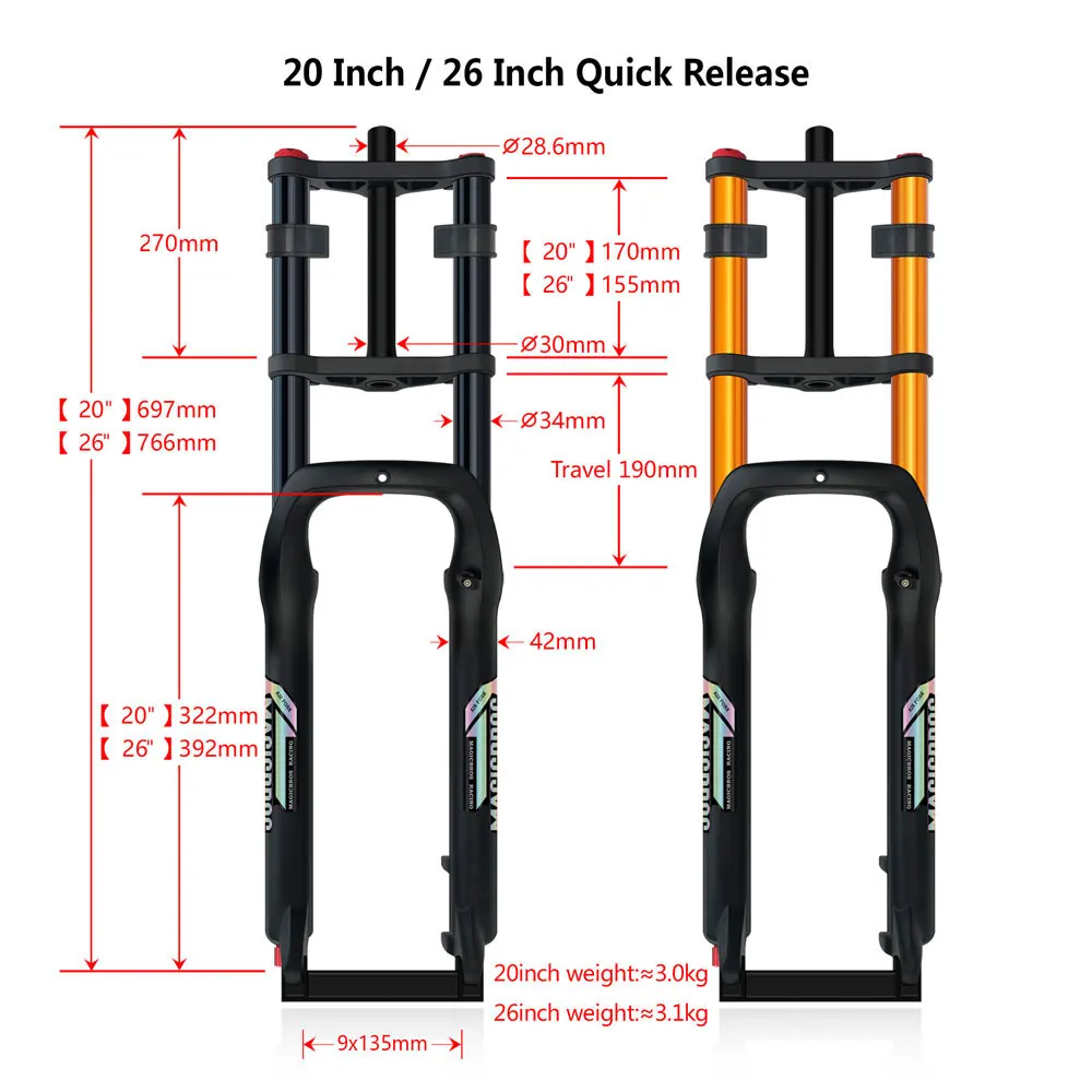 20x4.0 26*4.0 MTB Dual-Motor Luftfederungsgabel QR 9*135mm 15*135mm Strand Schnee Motorrad Elektro E-Bike Doppelkronen-Luftgabel – Detail 3