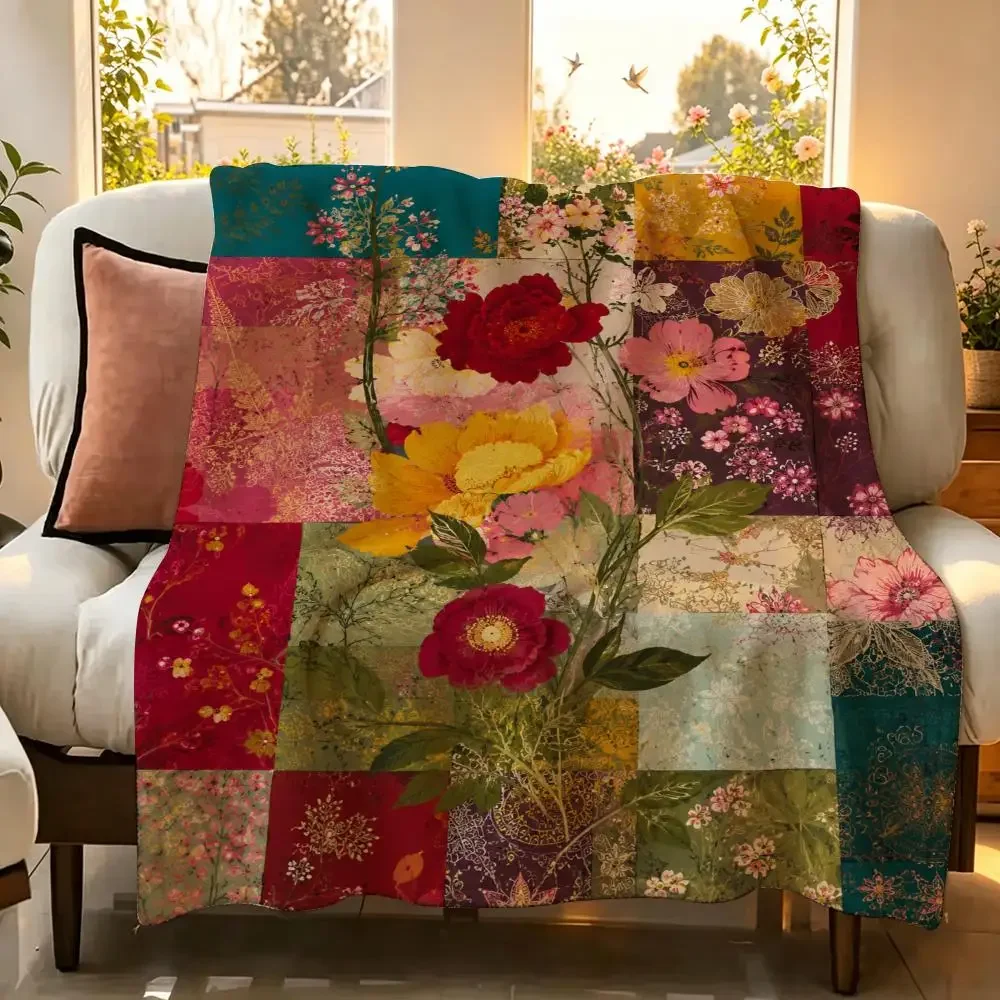 Vibrant Colorful Patchwork Quilt Throw Flannel Throw Blanket Suitable warm for Sofa、Living Room、Bedroom soft
