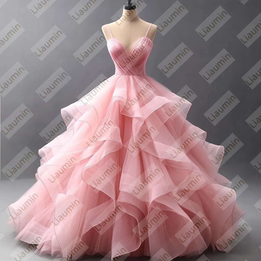 New Pink Layered Organza Floor Length Prom Dress With Strap Wedding Prom Dresses Bridal Ball Gowns Customized Hand Made W19-23