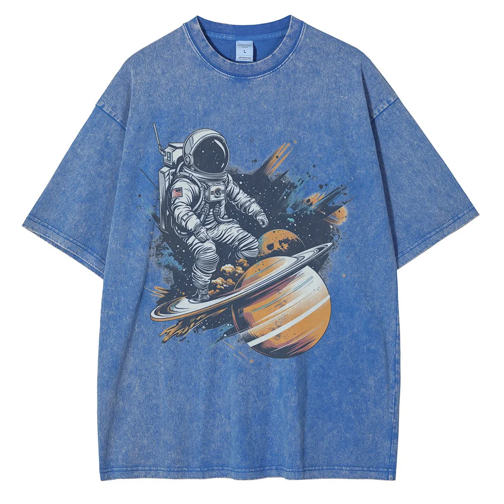 Astronaut Rides on Rocket Print Graphic T Shirts for Men Drop Shoulder Vintage Oversized T Shirt Heavy Pure Cotton Men\'s Tops