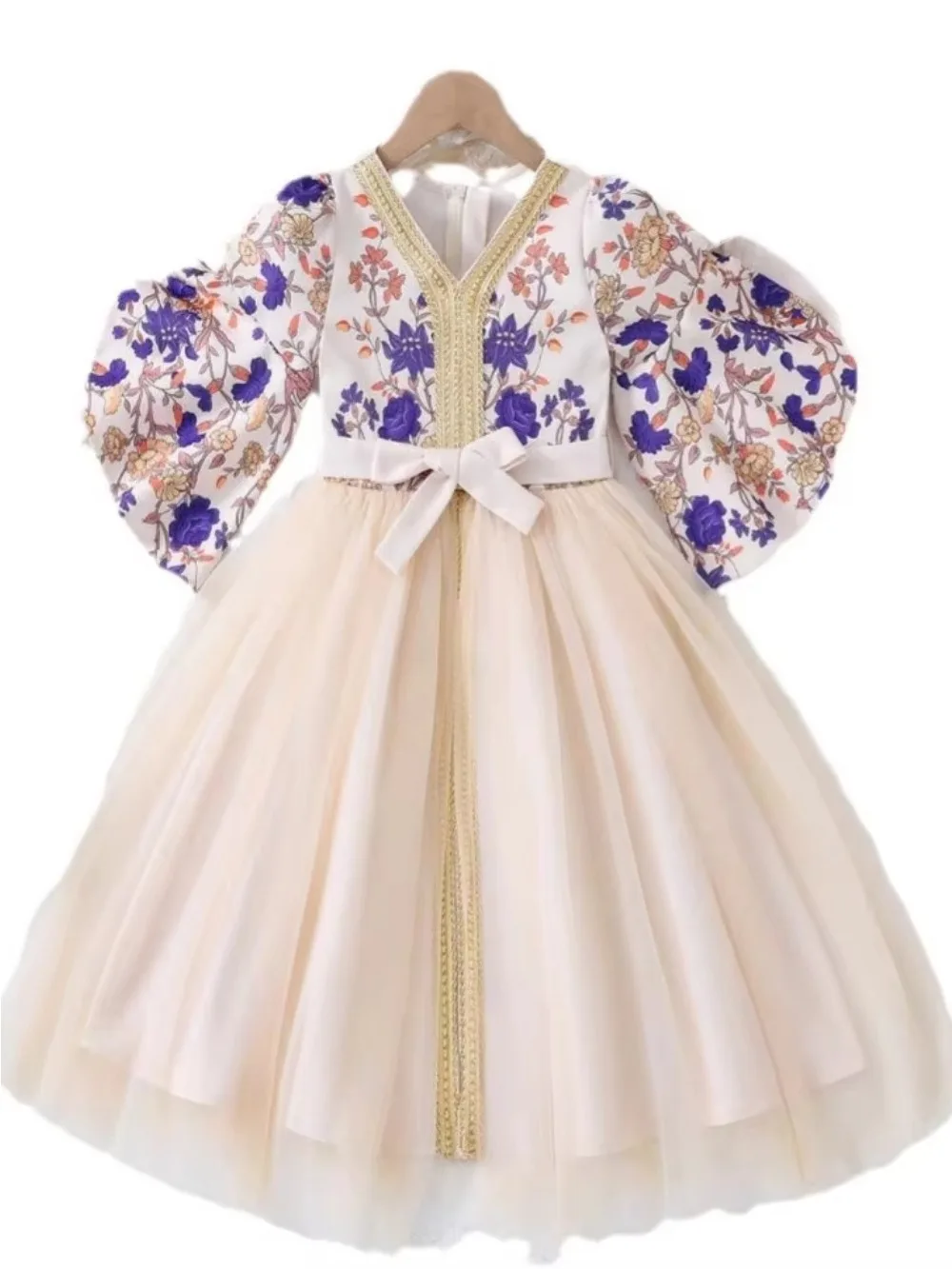 Muslim Kids Girls Abaya Party Dress Flower Print Long Robe Sashes Eid Ramadan Islam Dubai Kaftan 2025 Children Vestidos Jalabiya
