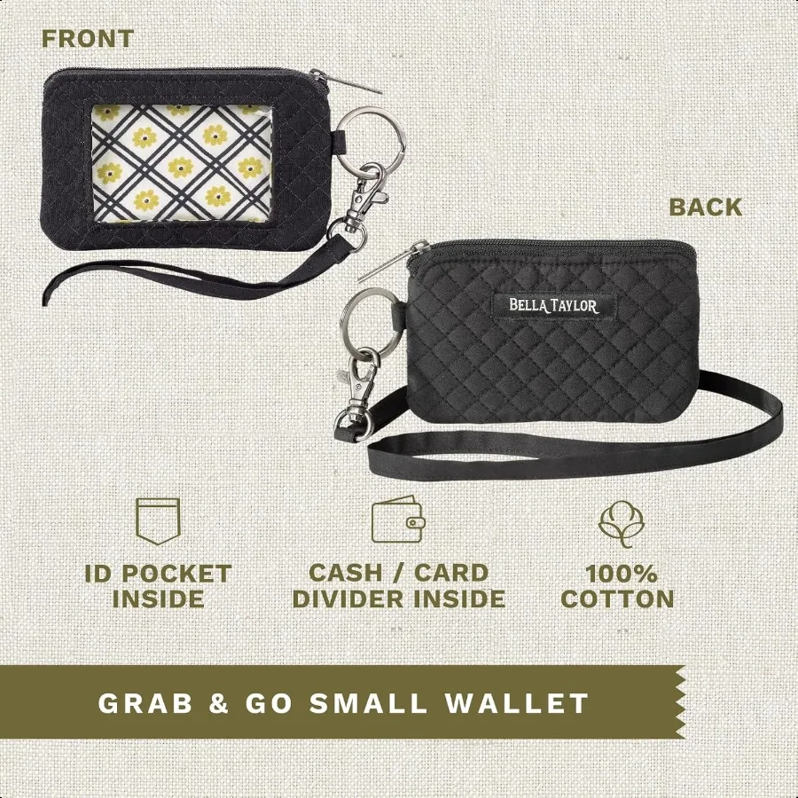 Tali ID untuk Dompet Gantungan Kunci Wanita dan Anak Perempuan dengan Tempat Lencana dan Kantong Ritsleting Berlapis Microfiber Hitam