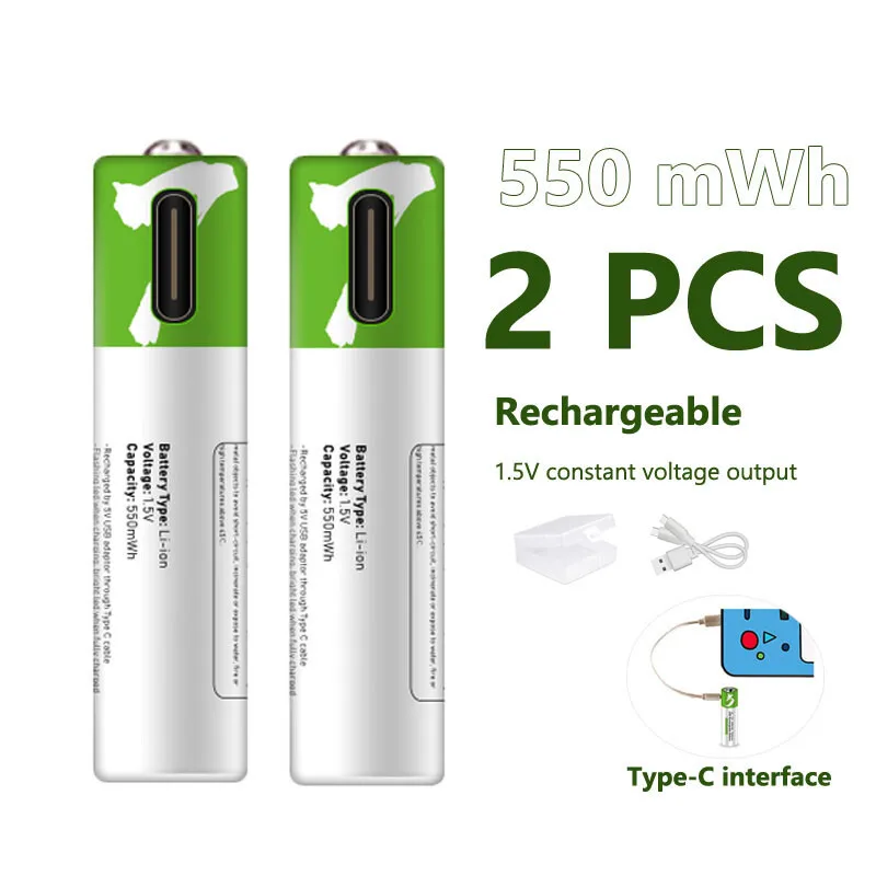 2 قطعة 750mWh 1.5 فولت AAA بطارية ليثيوم أيون قابلة للشحن شحن سريع لجهاز التحكم عن بعد MP3 ، مصباح يدوي ، ساعة منبه + كابل من النوع C