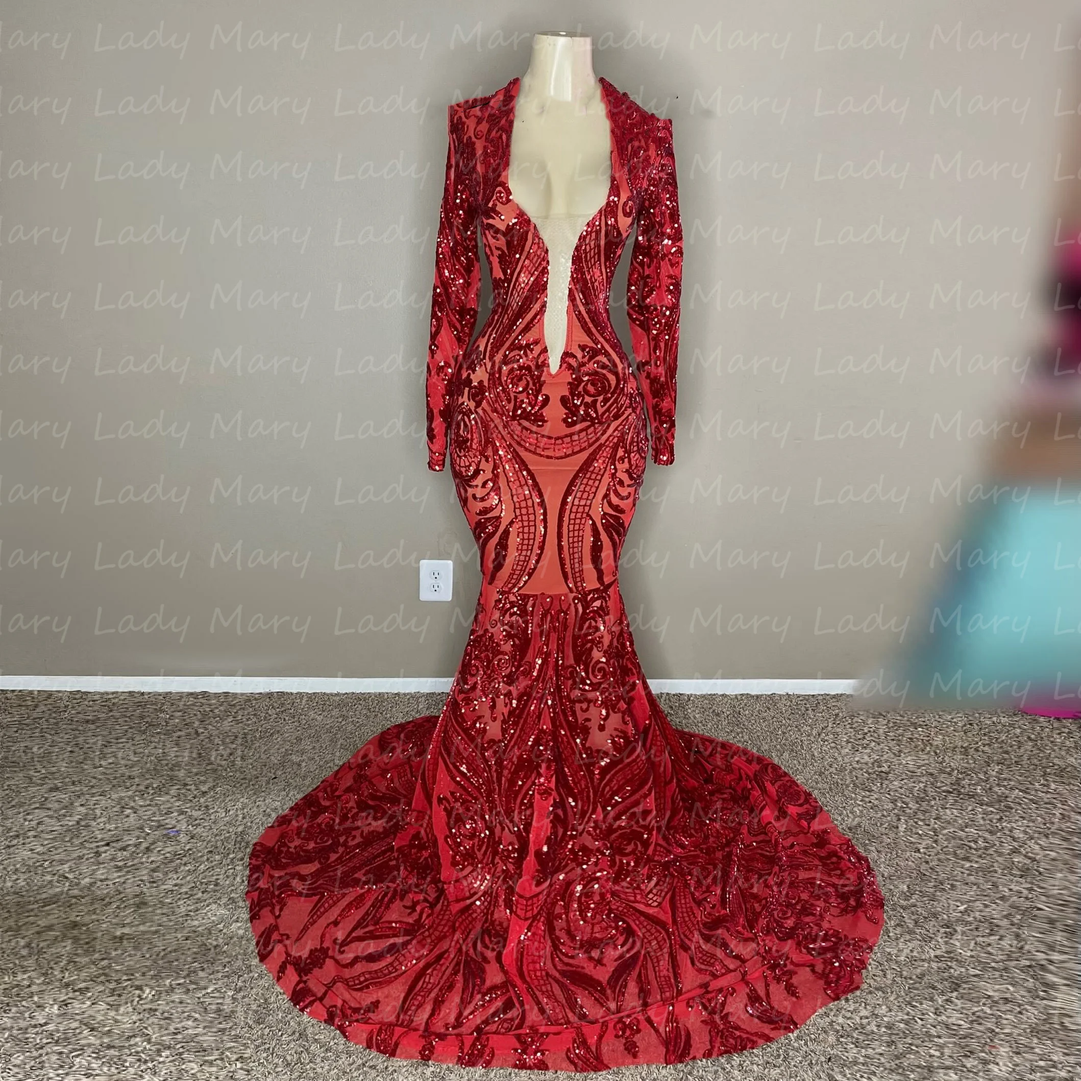 Customized Red Sequins Evening Dresses V Neck Long Sleeves Mermaid Formal Girl Prom Gowns Full Covered Back Vestido De Noc