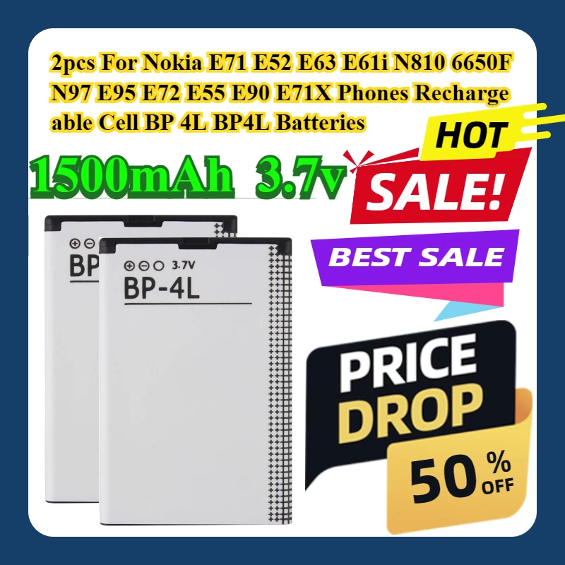 

2pcs For Nokia E71 E52 E63 E61i N810 6650F N97 E95 E72 E55 E90 E71X Phones Rechargeable Cell BP 4L 1500mAh BP4L Batteries