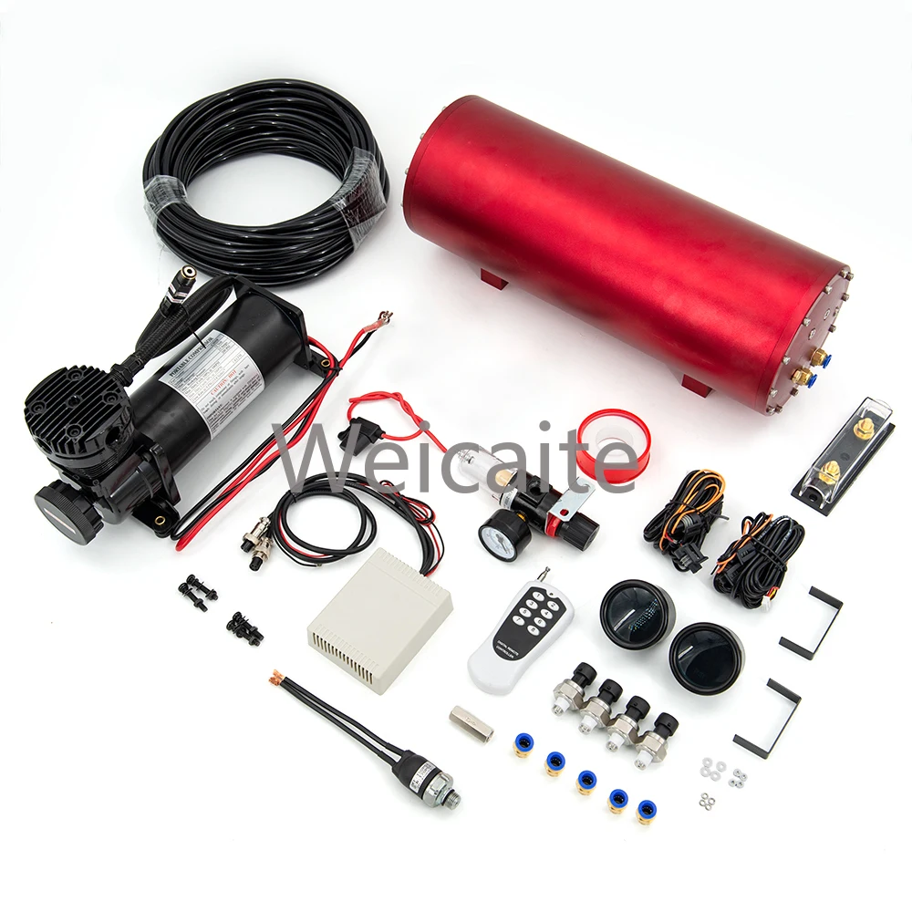 

Integrated Air Ride Suspension System Kit with Air Storage Tank, Air Compressor, Dual Barometer, Remote Control