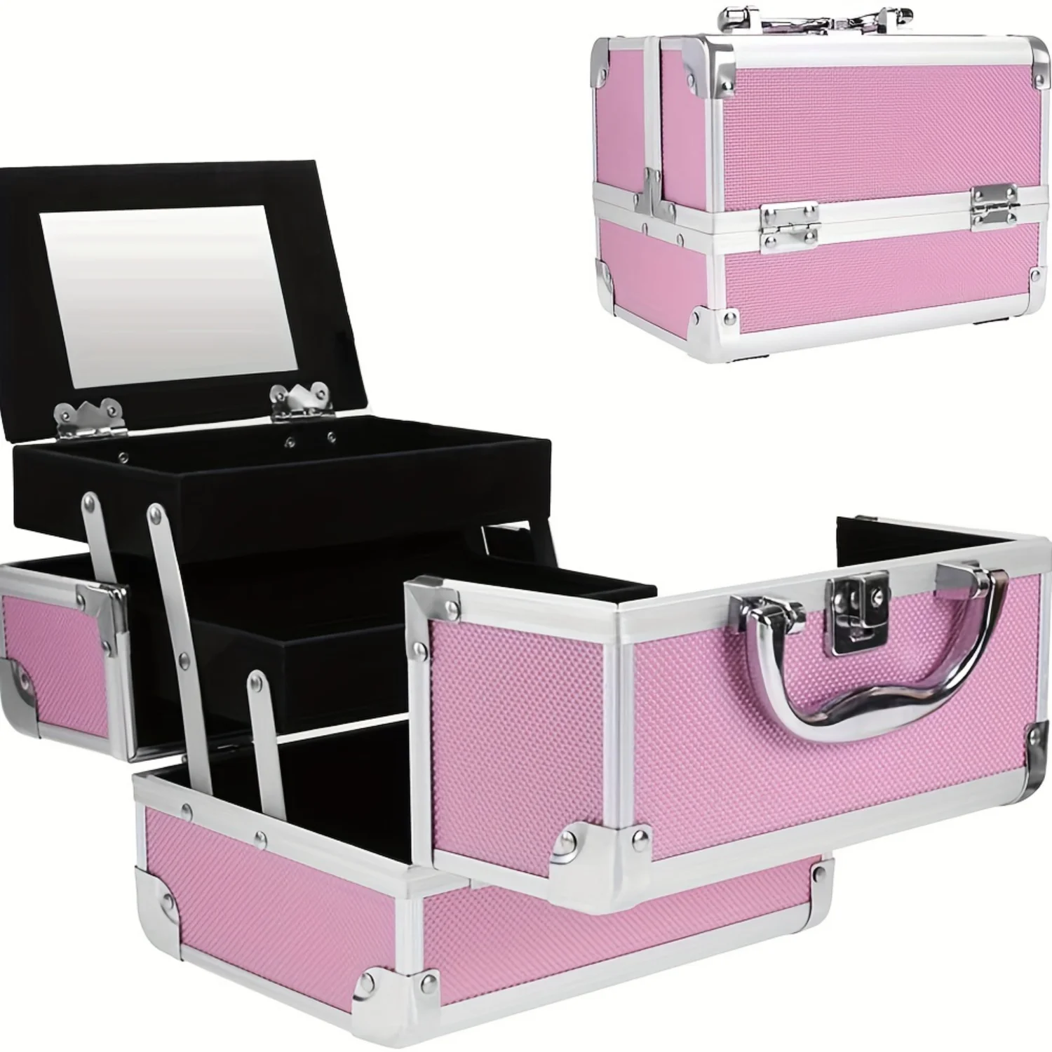 

Portable Cosmetic Organizer Case with Tray, Mirror & Nail Kits - Makeup Travel Case for Women, Makeup Tools.