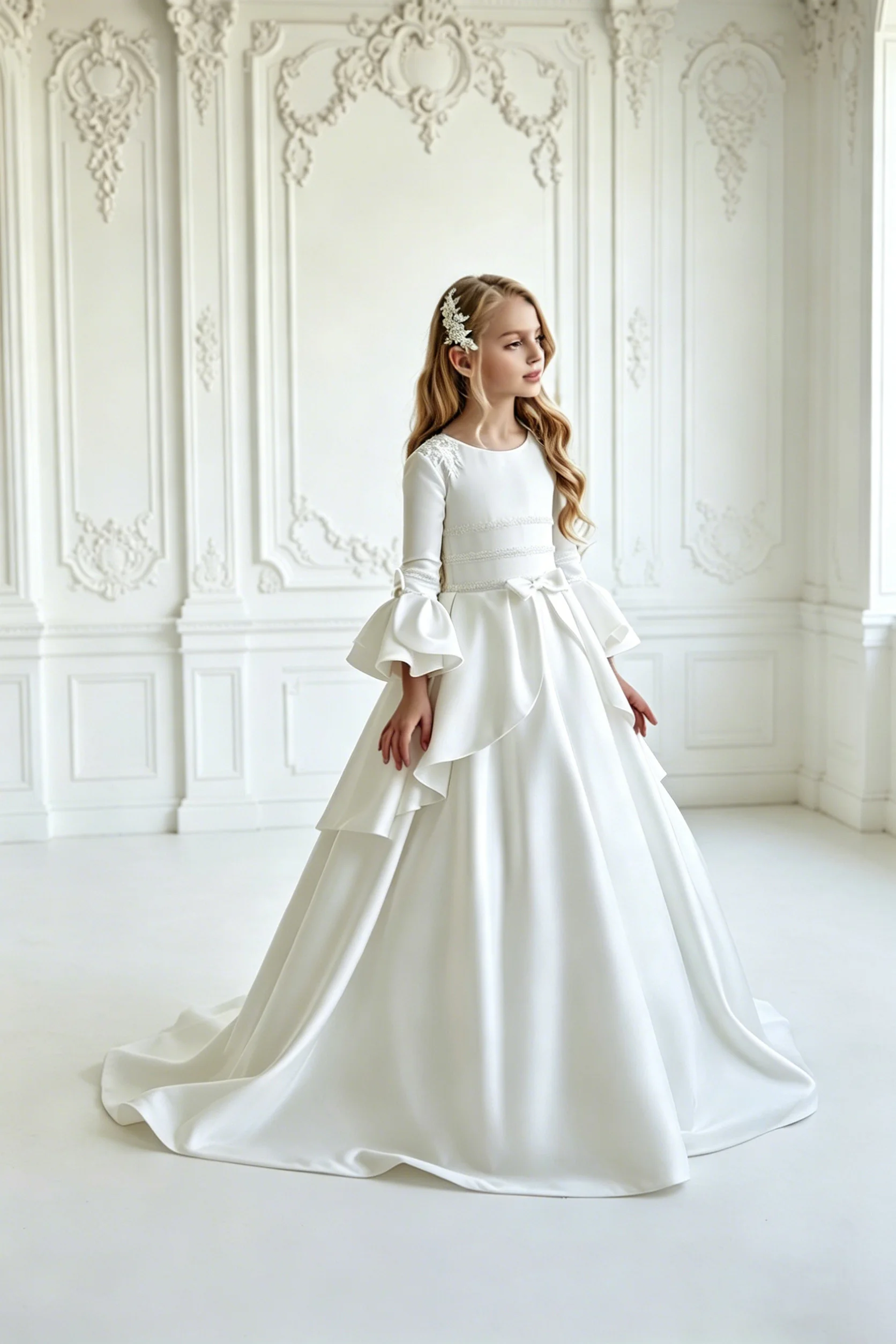 White Flower Girl Dresses Beaded Appliques Bow Long Sleeve Wedding Birthday Ball Gown Prom Young Bridesmaid Party Dress