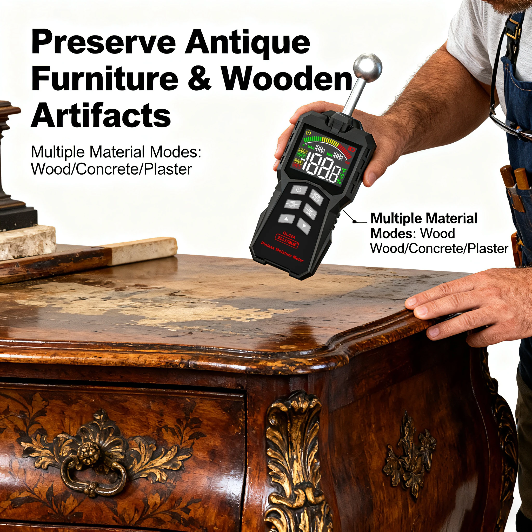 Industrial Digital Wood Moisture Meter Two-Pin LCD Display ZL62A Model with 5-40mm Depth +2.5% Accuracy for Indoor Household Use