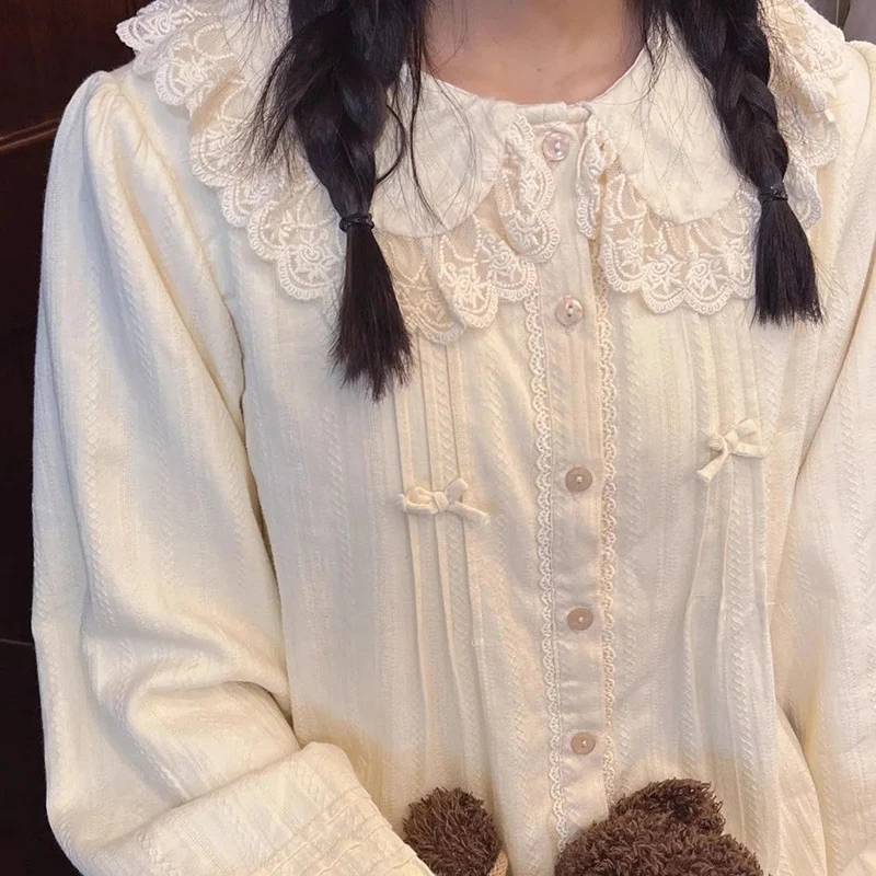 Lolita Cute Whit Shirt Women Sweet Long Sleeve Vintage Kawaii Blouse Japan Preppy  Jk Harajuku Y2K Vintage Cosplay Top