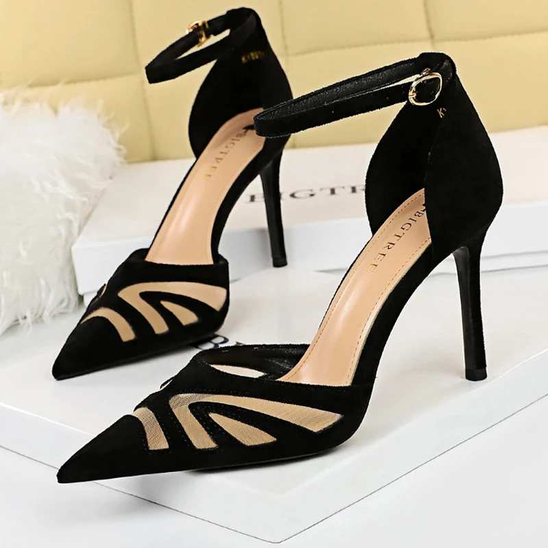 BIGTREE Shoes Mesh Hollow Women Sandals Fashion Suede High Heels Women Shoes Stiletto Summer Sandals Woman Pumps Large Size 43