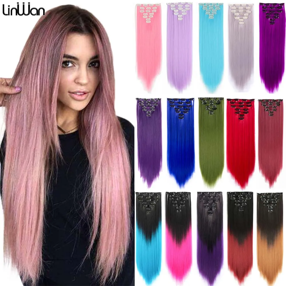 Synthetic Long Straight Hair 16 Clips 140G Extensions Clips in High Temperature Fiber Black Brown Pink Hairpiece Linwan