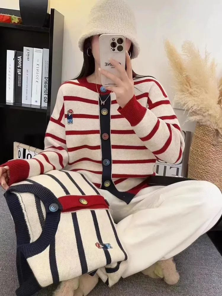 

Trendy Color Blo Striped Knitwear Soft Loose Women's round Ne Single Button Heart Sweater Coat Korean Sle Long Sve