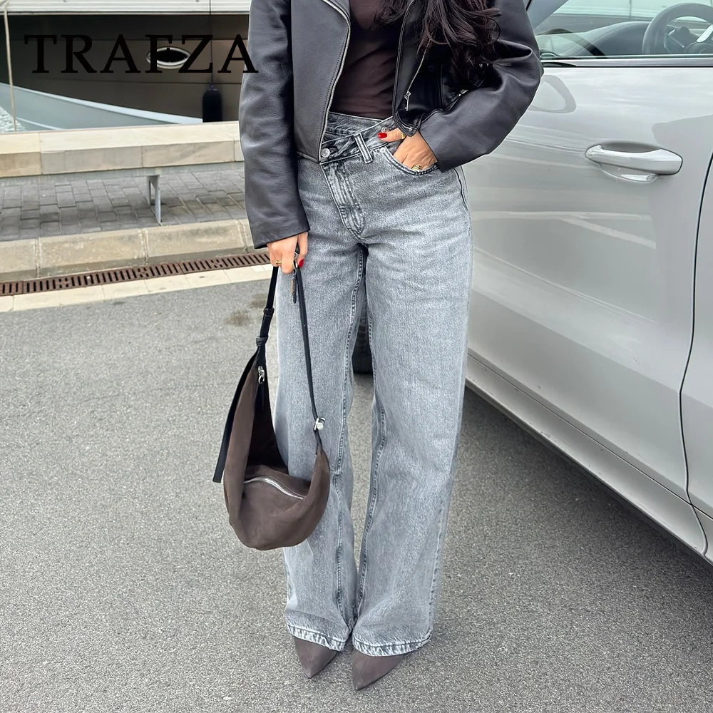 

TRAFZA Fashion 2024 Autumn Asymmertical Women Long High Waist Wide Leg Pants Zipper Casual All Match Streetwear Denim Trousers