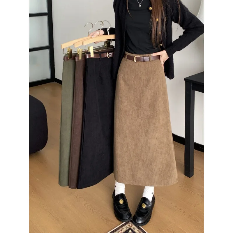 High Waist Slimming Retro Corduroy Skirt Autumn Winter Sense That Covers The Cross, Straight Tube, A-line Mid Length Hip Hugging