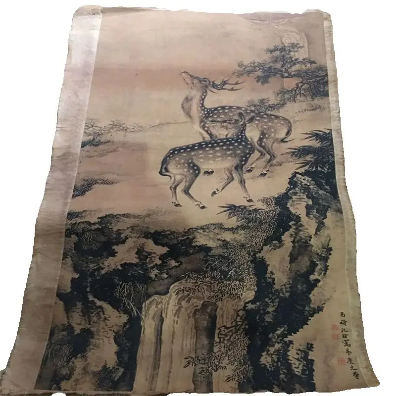 

China Old Scroll Painter's Rice Paper Wall Art Slice Shen Quan's Double Deer Picture Traditional Asian Decor