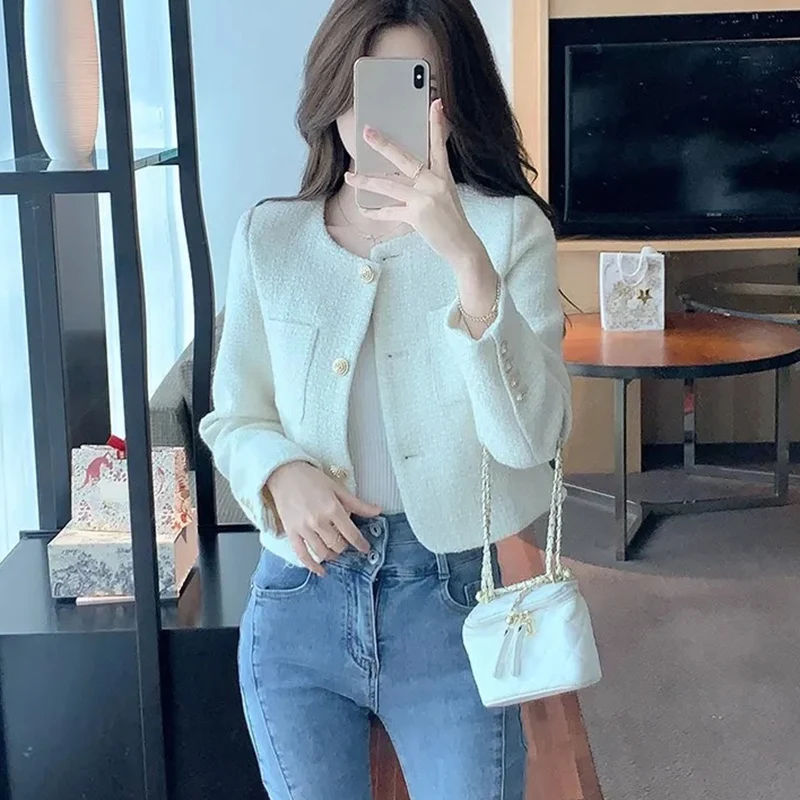 Rimocy Korean Fashion Tweed Cropped Jackets for Women 2024 Spring Round Neck Chic Coat Woman Beige Single-Breasted Jacket Female