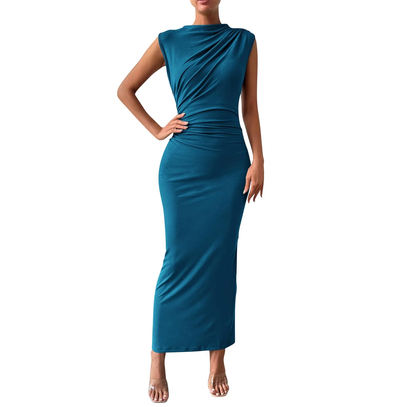 Vestido ajustado sexi para mujer, vestido sencillo de Color sólido sin mangas, vestido acampanado con cuello redondo y volantes, vestido para citas con temperamento elegante