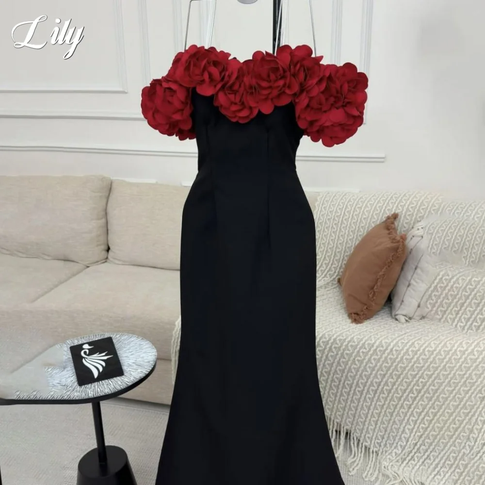 فستان سهرة أسود من الساتان قبالة الكتف فساتين السهرة البوق الطيات الساتان ثلاثية الأبعاد الزهور فستان الحفلات حسب الطلب