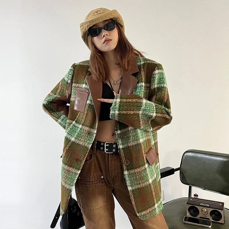 

Spring Autumn Women Faux Leather Patchwork Plaid Imitation Woolen-cloth Coat Casual Suit Collar Single-breasted Female Outwear