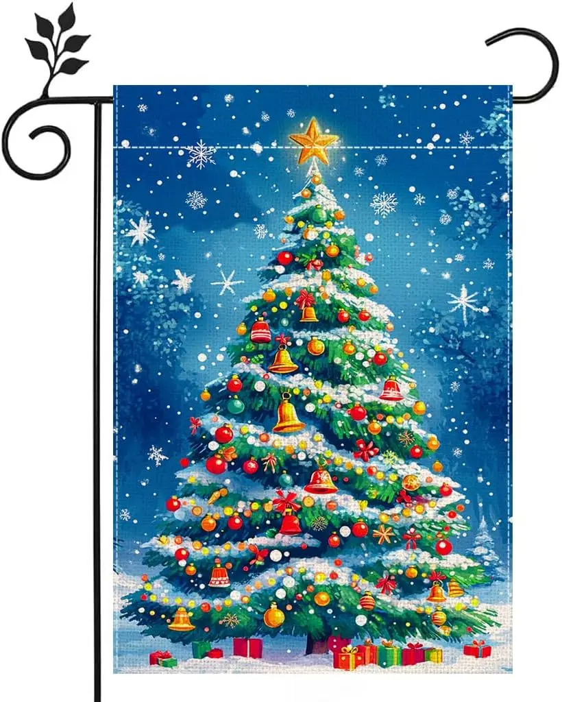 Winter Christmas Tree Garden Flag for Outside, Snowflake Xmas Ball Welcome Christmas Yard Flag 12x18 Inch Double Sided Burla uui