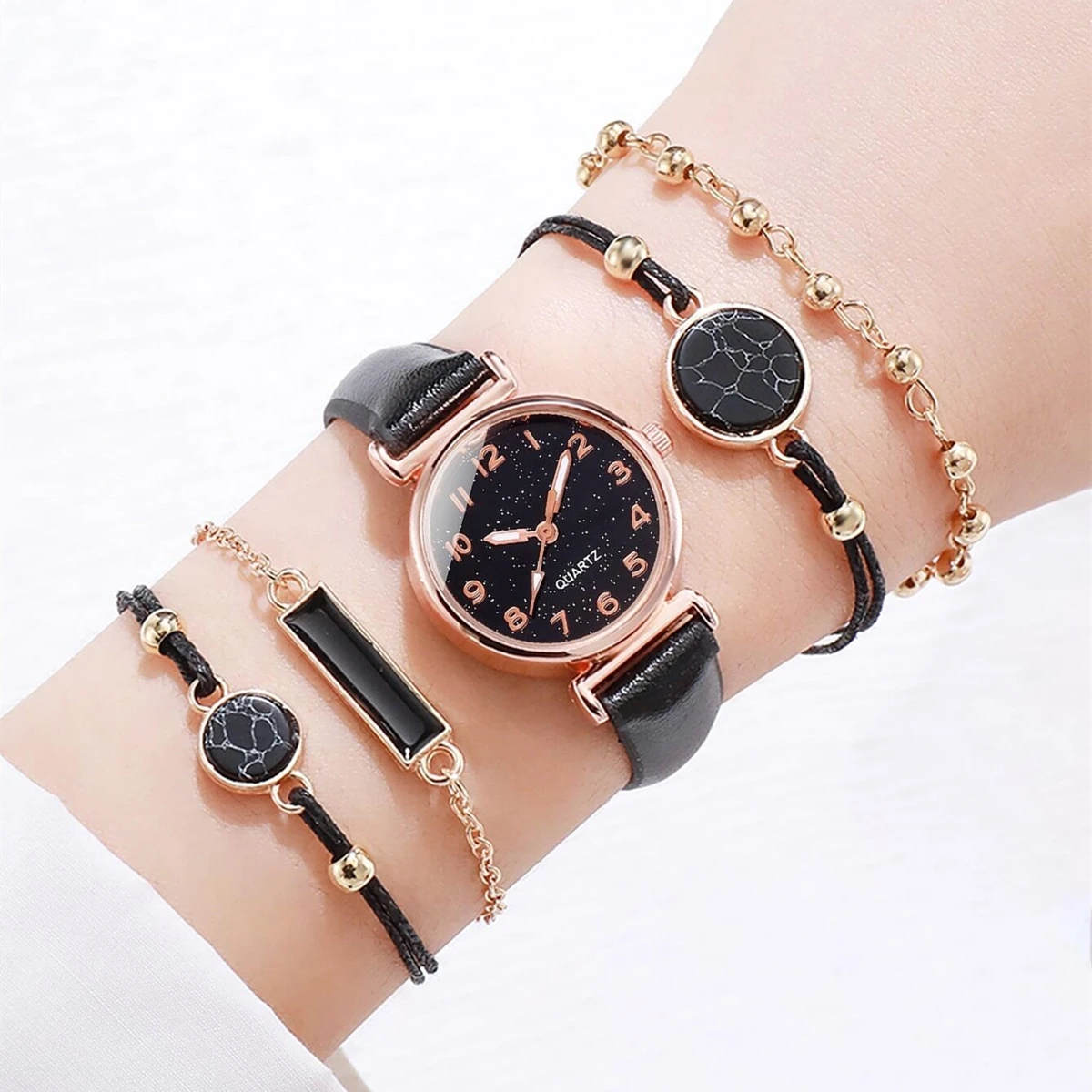 5PCS/Set Women's Watch Fashion Starry Sky Dial Leather Band Quartz Watches Turquoise Bracelets Set image 2