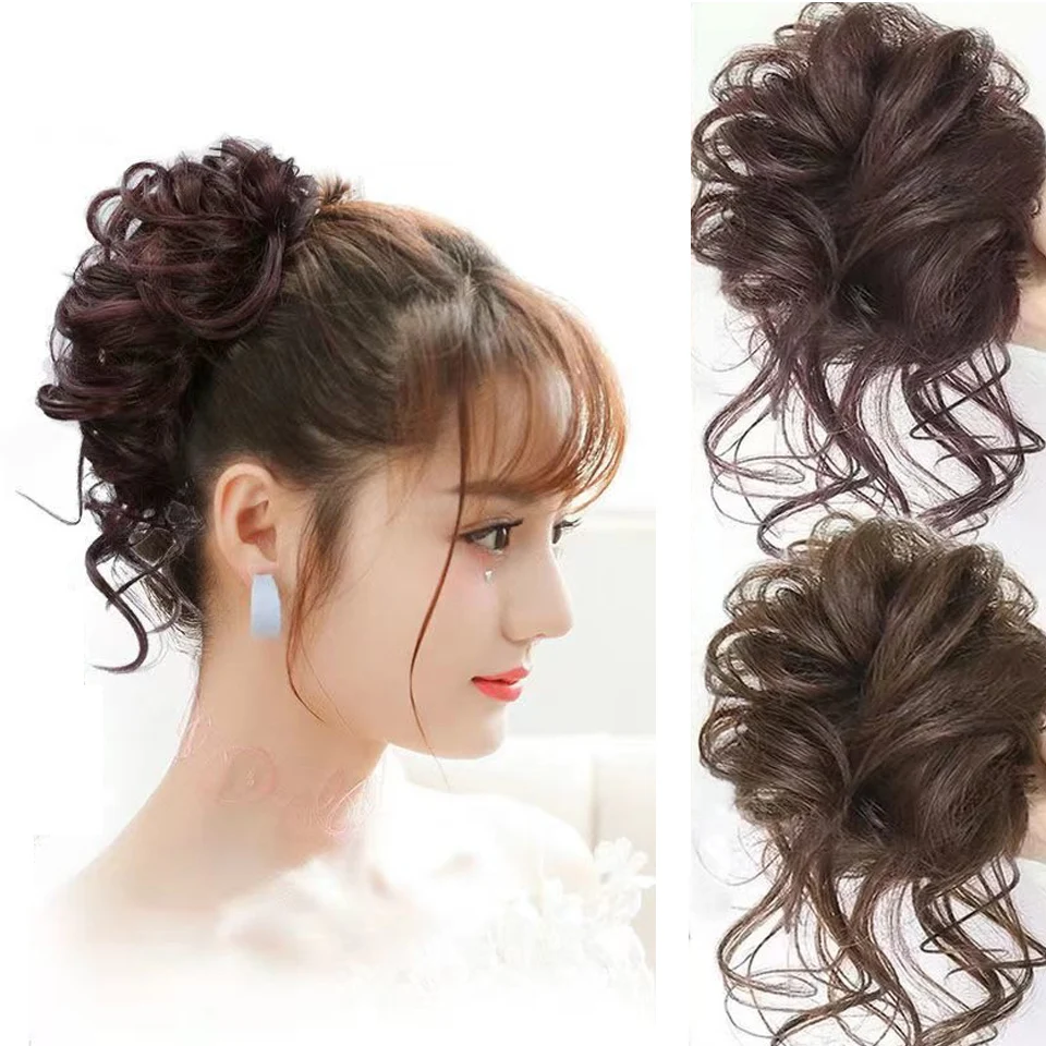 Synthetic Hair Bun Wig Ladies Ponytail Hair Extension Scrunchie Elastic Meatball Head Hairpieces Scrunchie Wrap Hair Rope ﻿