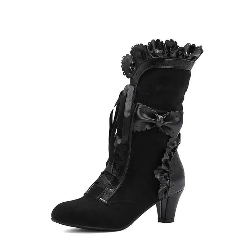 Women's Lolita Boots Autumn Winter Bow Lace Mid Calf Boots Women Lace-Up Cosplay Party Botines Ladies Shoes Chunky Heels WSH4715