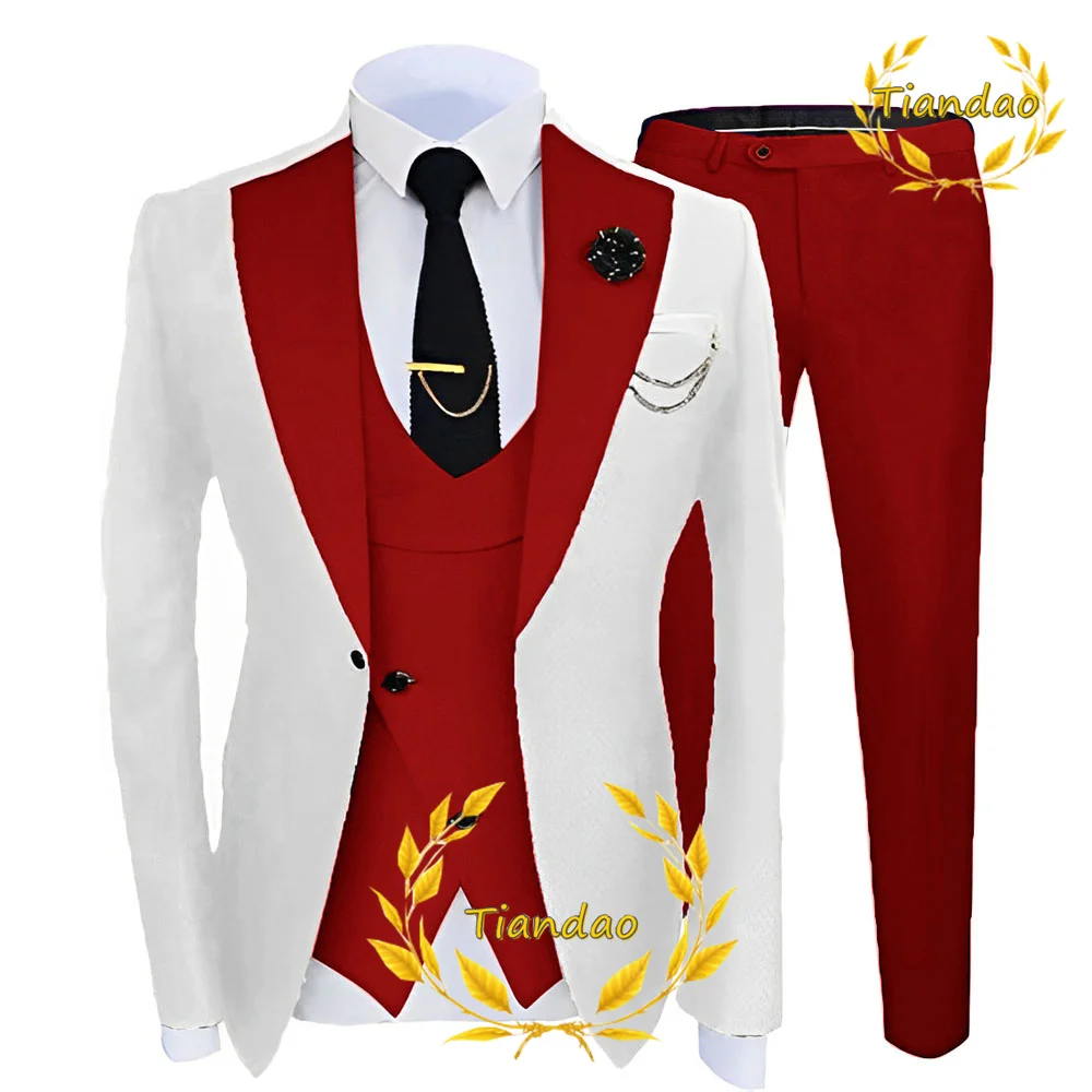 Men's Suit Wedding Tuxedo 3-Piece Set White Jacket Pants Vest Groom Formal Fashion Blazer Set for Male