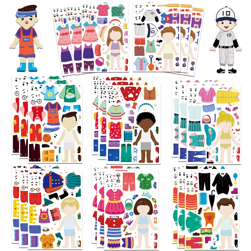 8/16/32PCS Funny Children's Dress Up Puzzle Stickers Cute Cartoon Creative Fun Kids Puzzle Account Material Waterproof Sticker
