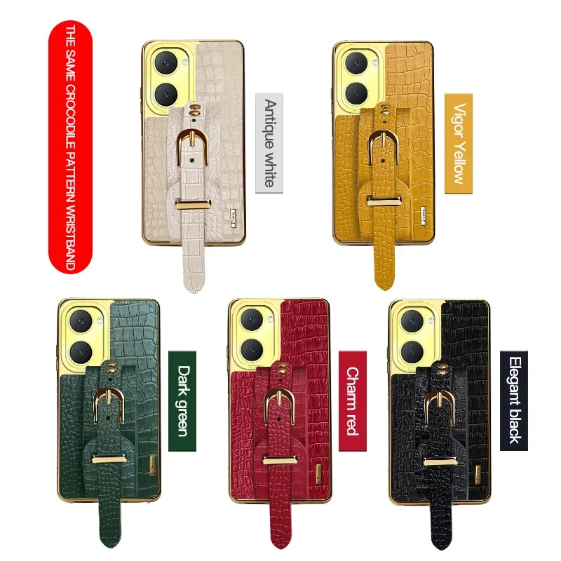 

Wrist Strap Crocodile Leather Silicone Cases For vivo T4x X80 T3 Lite T2 Pro T3 Ultra 5G Wristband Stand Soft Cover Phone Case