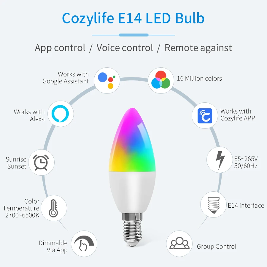 Imagem -02 - Cozylife-lâmpadas Led Inteligentes Wifi Lâmpada Regulável Controle de Voz Funciona com Alexa Google Home Rgb E14 85265v 5w 7w 9w