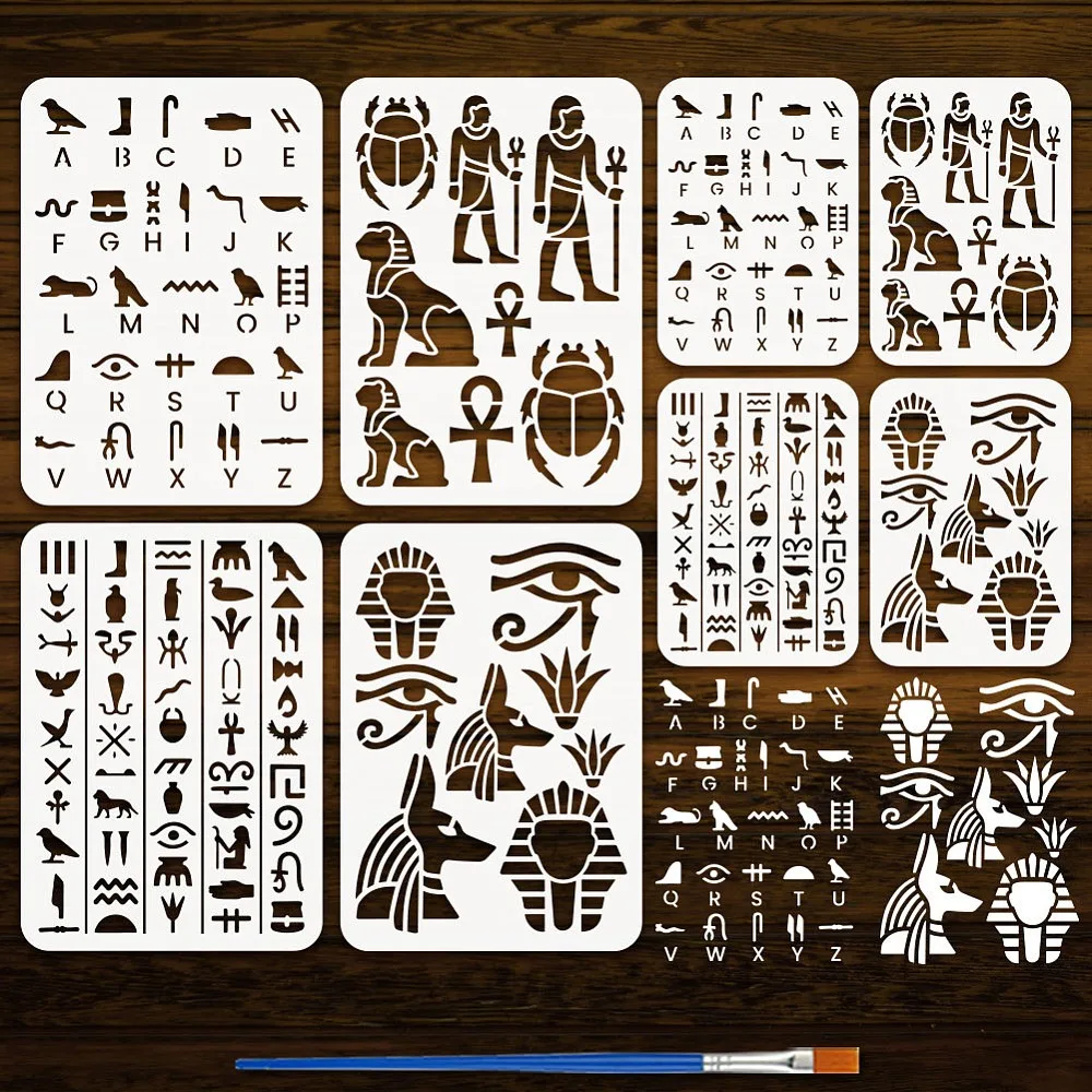 8PCS Egypt Painting Stencil 8.3x11.7/5.5x7.9 Inch Bird Pharaoh Pattern Plastic Egyptian Template Egyptian Hieroglyphs Stencils