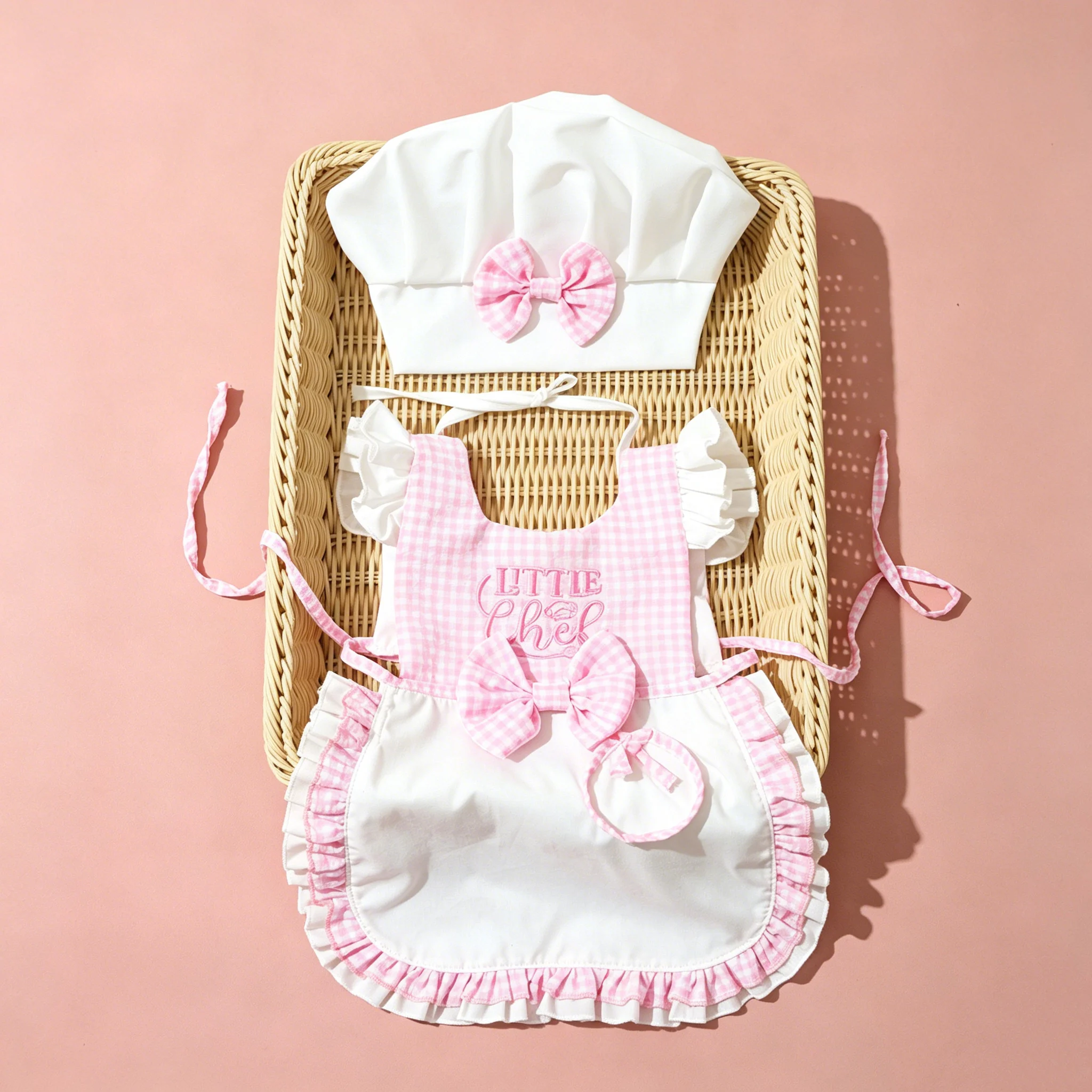 Ylsteed Newborn Embroidered Photography Clothes Baby Girl Pink Chef Apron Hat for Kids Costumes Chef Baby Cook Costume Prop-HD