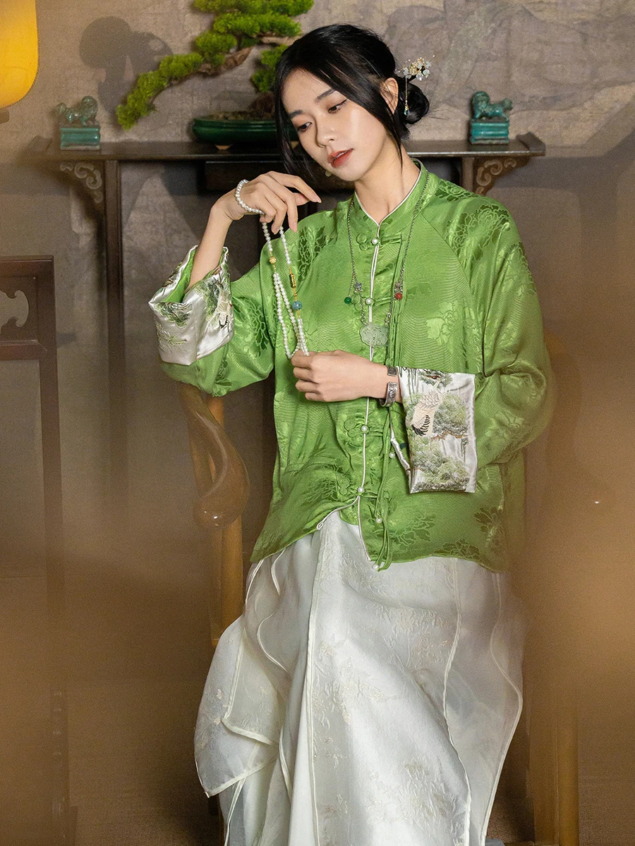 

New Chinese Sle Women's Spring Faion Embroidered Top Button Cardigan Jaet irt Tea Costume Set Floral Print Long Sv...