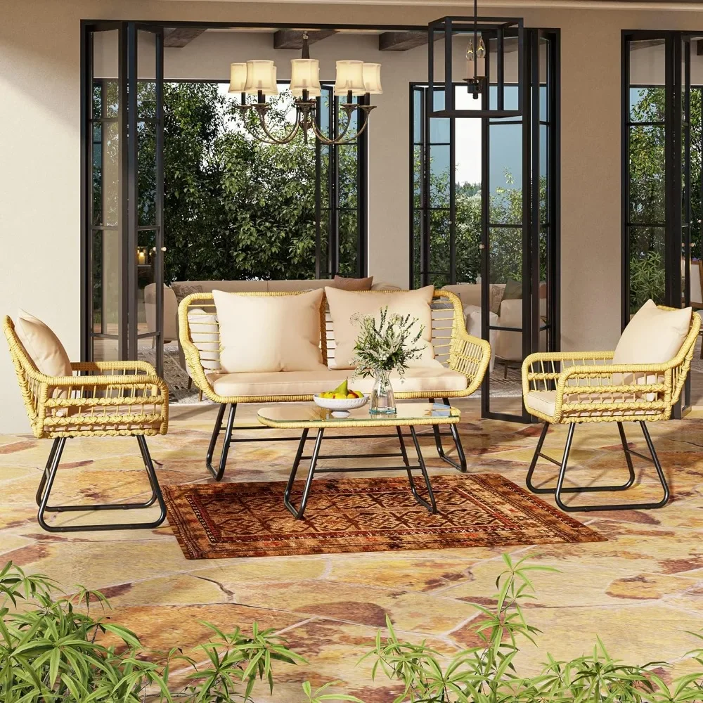 Outdoor Wicker Patio Móveis Set, All-Weather Cadeiras Rattan, Cadeiras Loveseat, Pátio, Castanho Claro e Bege, 4 PCs