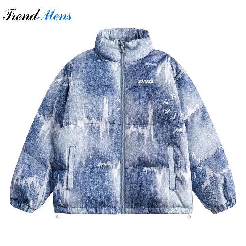 

Winter Tie Dyed Thickened Warm Standing Collar Men's Cotton Jacket Casual Fashion Loose Parka Couple High Street Harajuku Coat