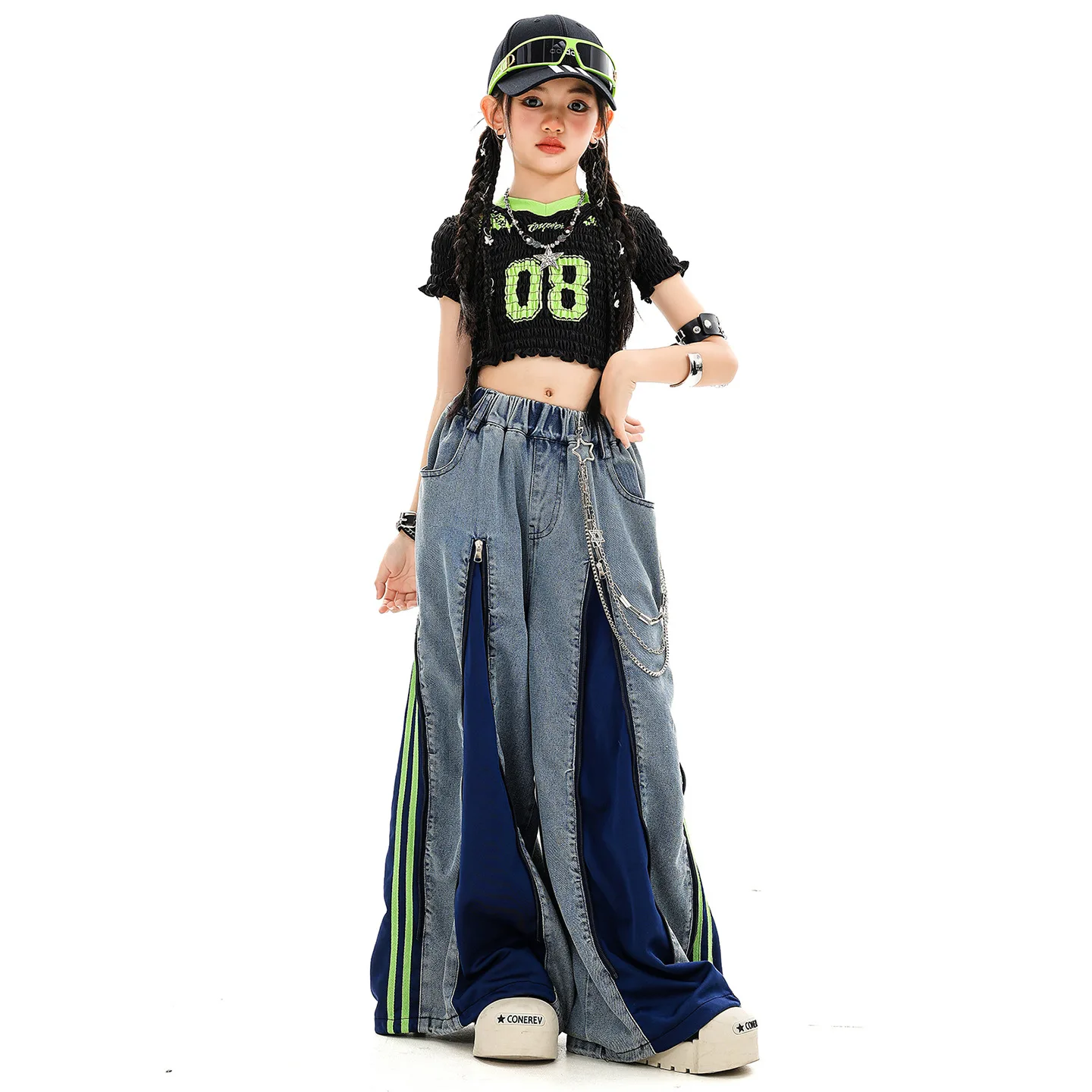 طفل Kpop الهيب هوب الملابس السوداء التجاعيد المحاصيل تي شيرت الدنيم الأزرق الشارع البريدي الجينز بنطال ذو قصة أرجل واسعة لفتاة أزياء رقص الملابس