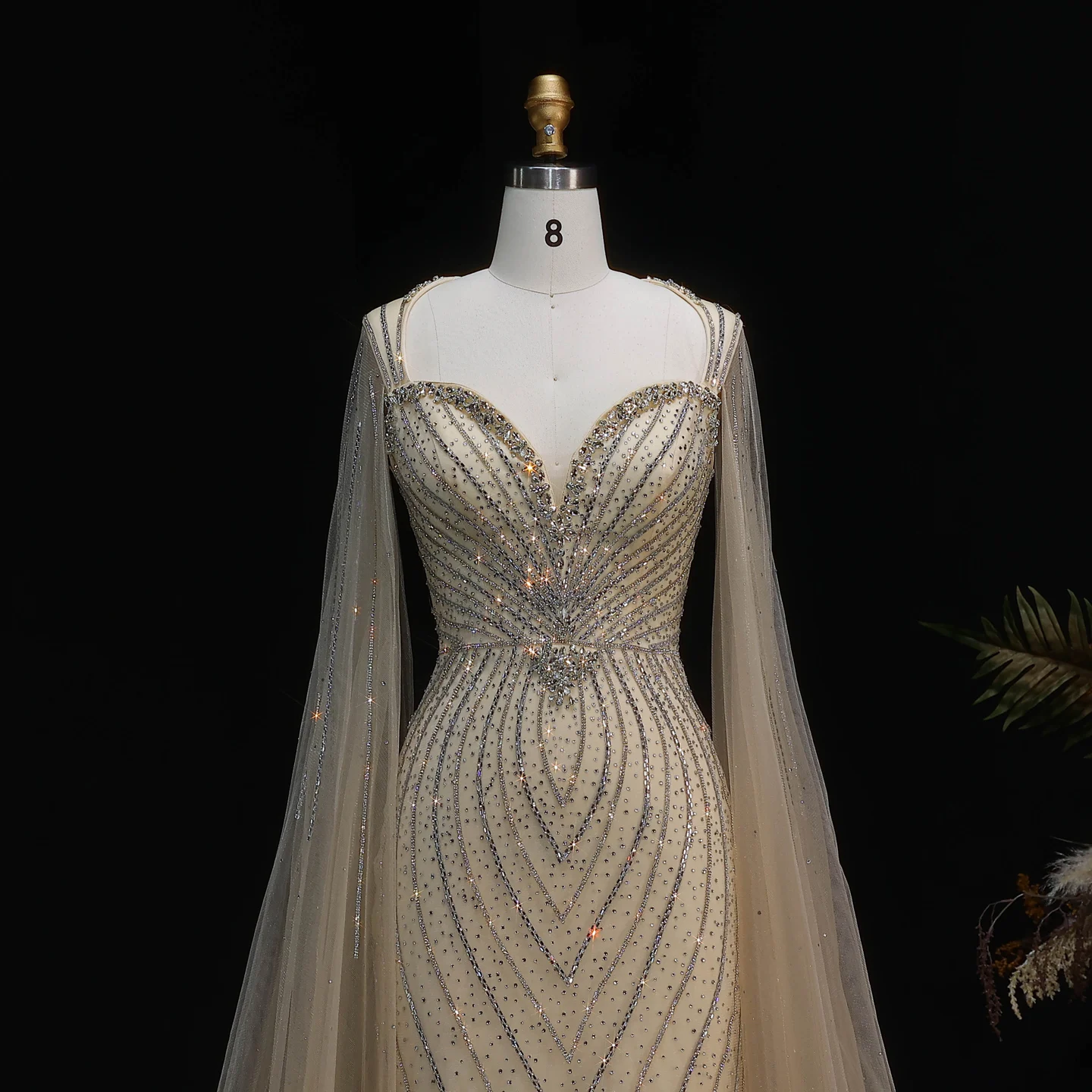 Sharon Said Elegante Abendkleider mit Cape-Ärmeln, Perlenbesetzte Meerjungfrauenkleider, Arabische Luxus-Formelle Ballkleider für Damen SS130 Maßanfertigung – Detail 7