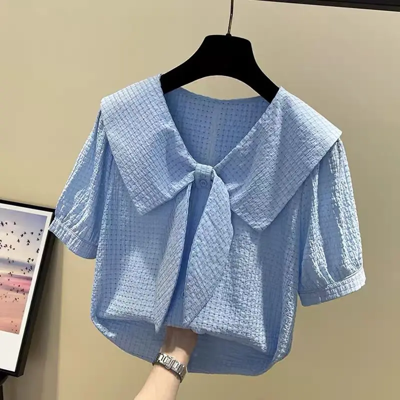 

New Arrival Girls Shirts Summer 2023 Chiffon Cool Tops Teenage Girls Ruffle Blouse Kids Peter Pan Collar Lace Up Shirts K39