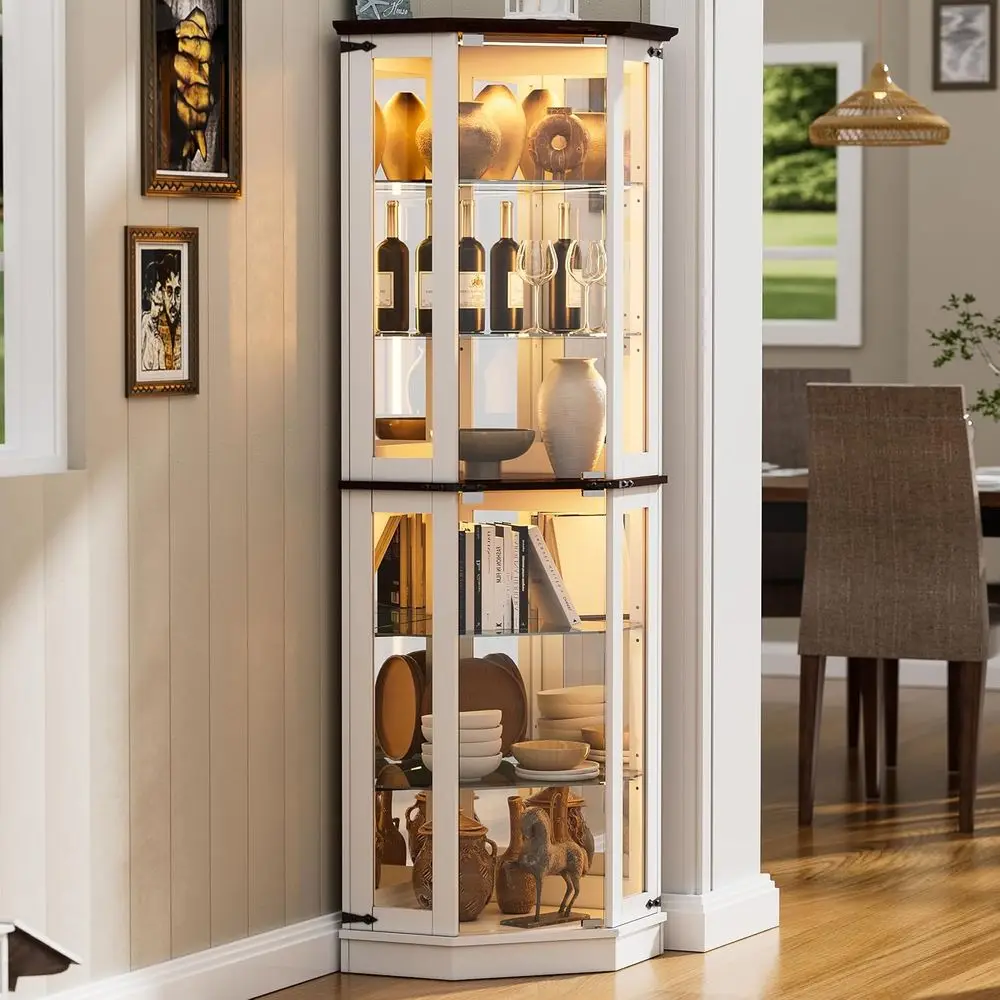 

LED-Illuminated 71 Armhouse Curio Cabinet with Tempered Glass, 6 Shelves, Floor Standing for Wine, Liquor, and Bar Storage in Wh