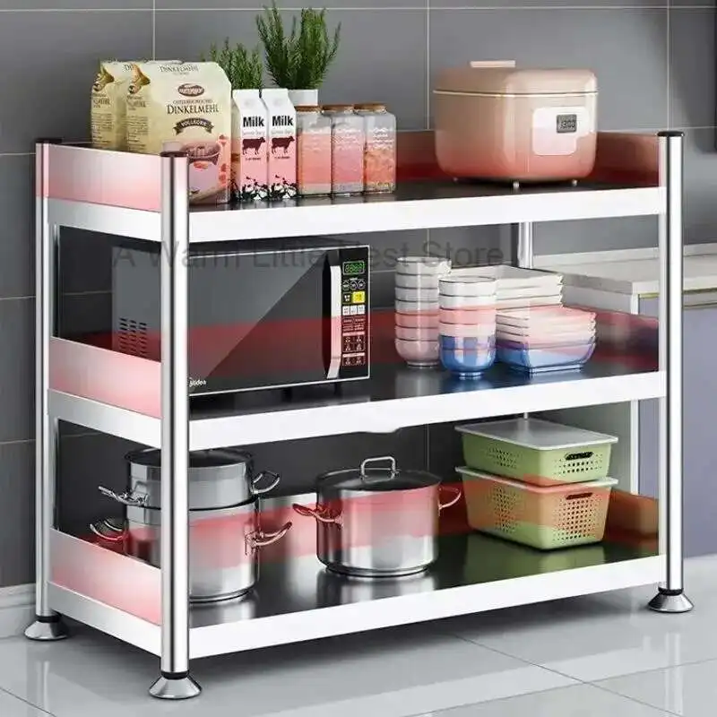 

Stainless Steel Kitchen Cabinets with Fence Floor Multi-layer Storage Cabinet Microwave Storage Rack Household Kitchen Furniture