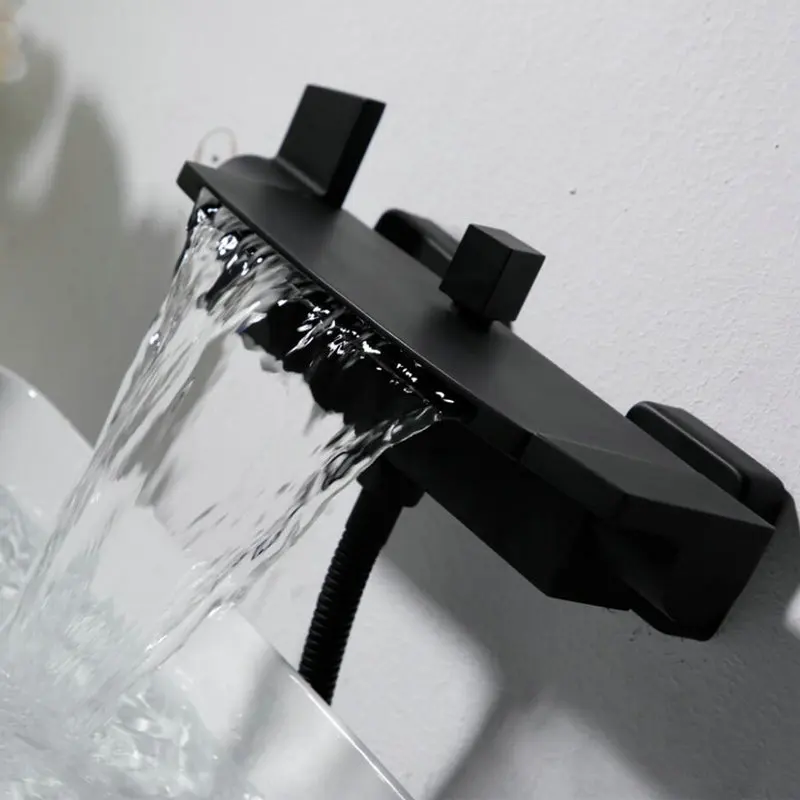 

New frosted matte black all copper waterfall style bathtub shower faucet set for hot and cold showerheads