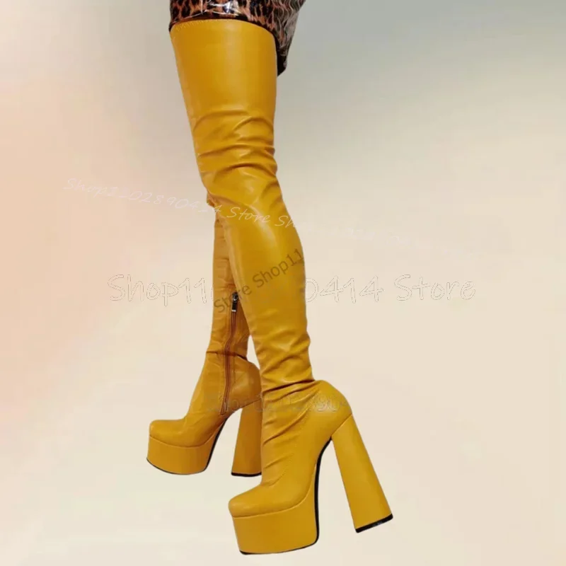 

Yellow Thigh High Round Toe Platform Boots Side Zipper Women Shoes Chunky High Heels Novel Party Feast 2025 Zapatos Para Mujere