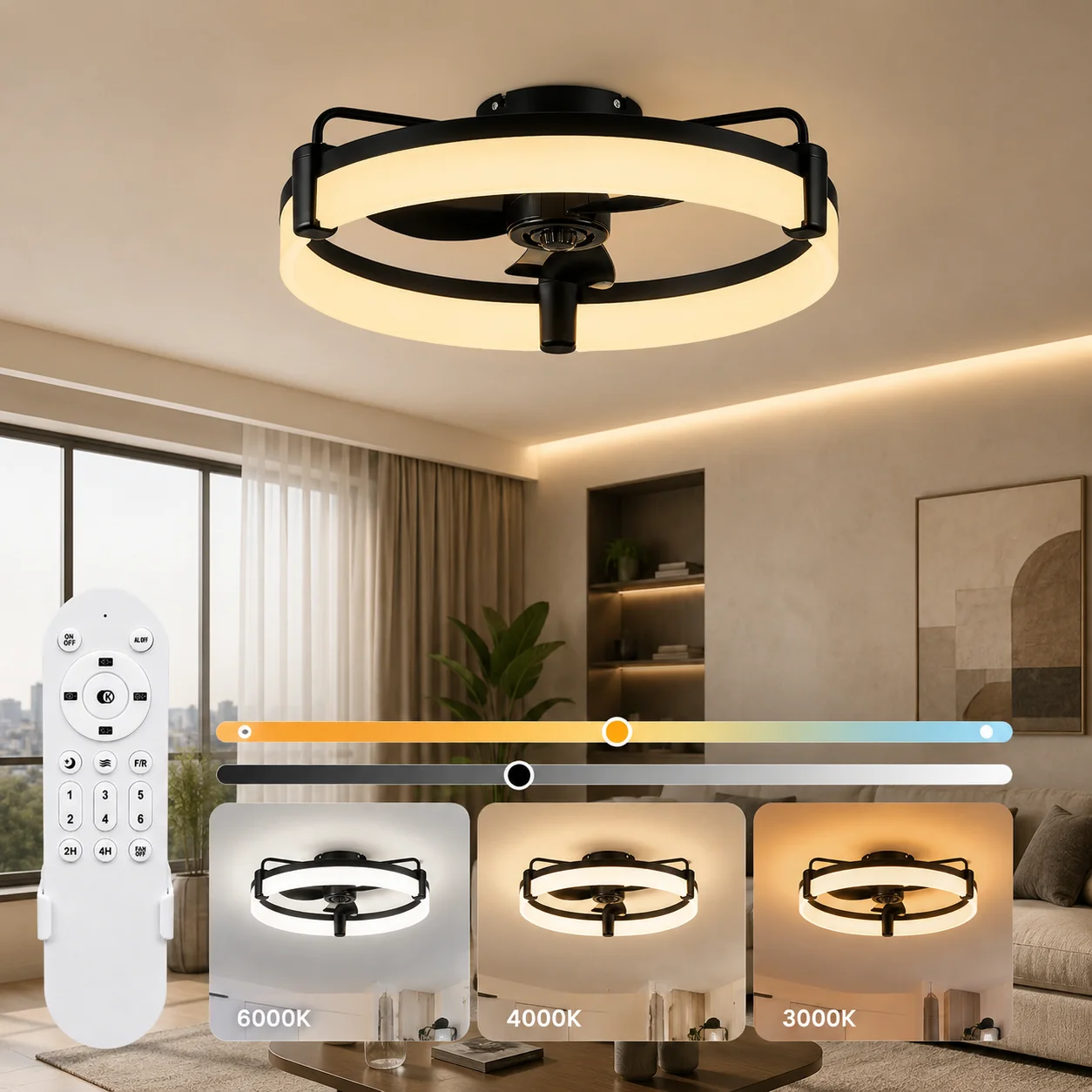 Aiopp Reversibler LED-Deckenventilator mit Beleuchtung und Fernbedienung, Timer, dimmbar, 6 Geschwindigkeiten, extrem leiser DC-Motor, runder Ventilator für Schlafzimmer und Zuhause