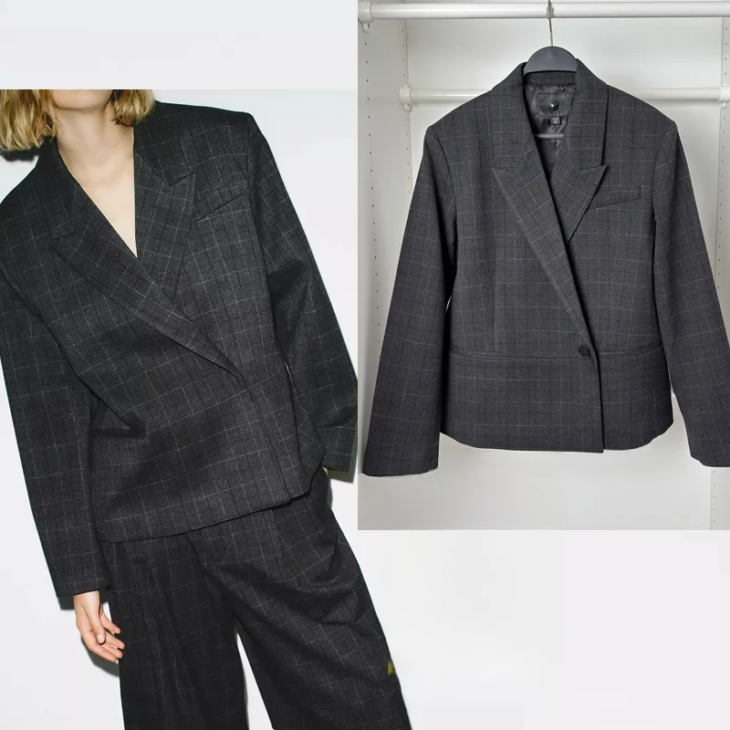 

Winter 2025 New Loose Plaid Women's Suiting Jaet Casual Commute Interview Work Daily Polyester Fiber Long Sve One Button