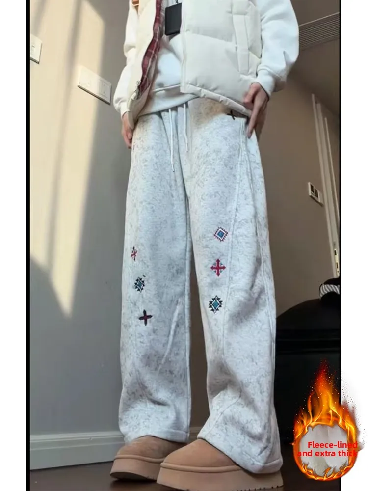 

American Design Fce Lined Men's Sports Casual Pants White Flower Pattern Loose Straight Leg Sweatpants Autumn Winter