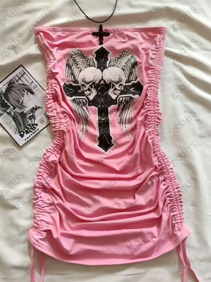 

Готическое платье Женская одежда Розовый череп Крест Y2k Мини-платье Горячая девушка Kpop Сексуальное вечернее платье Уличная одежда Гранж Хип-хоп Панк Платья