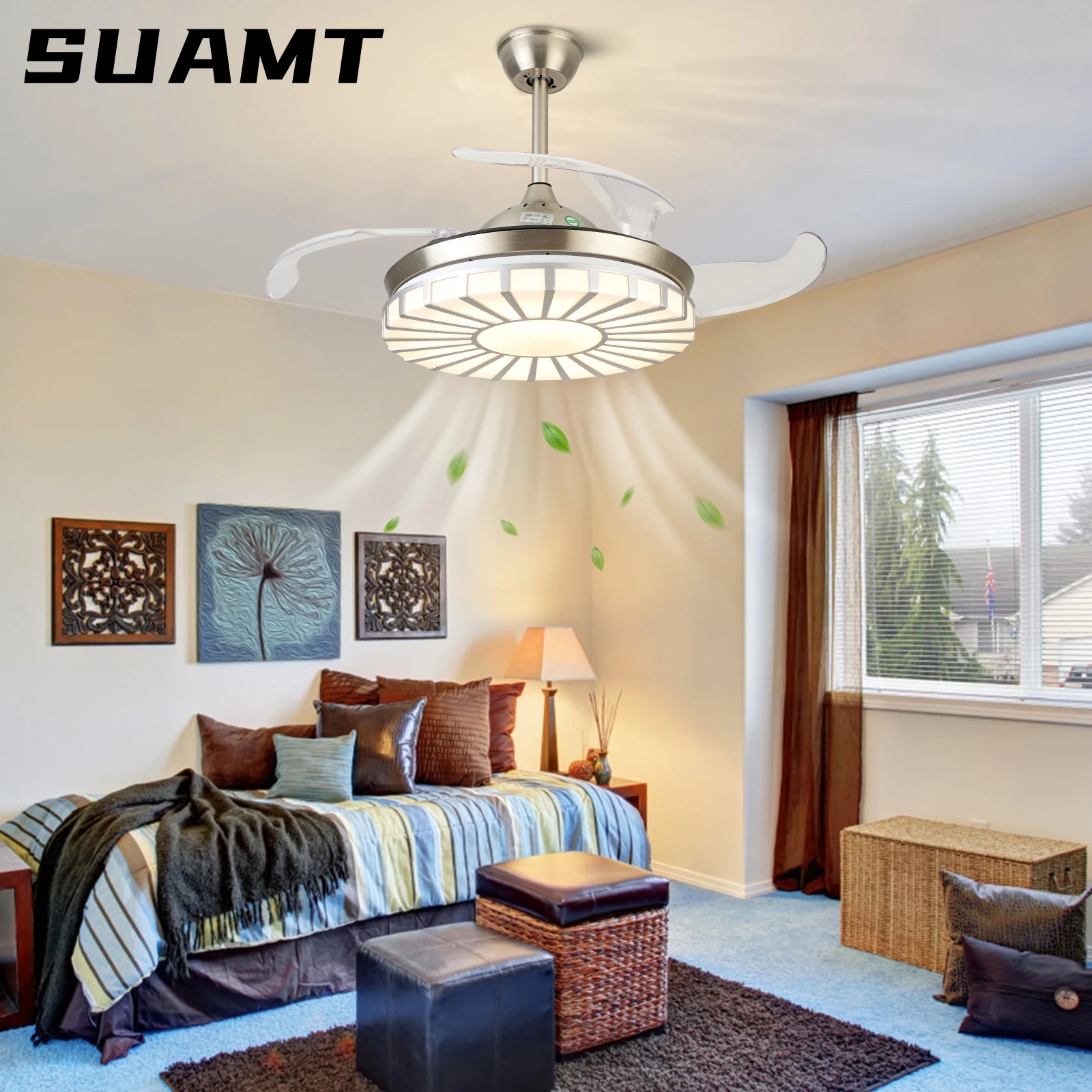 Modern 4 Retractable Blades Ceiling Fan Light CCT Dimmable LED Remote LED Chandelier 42 inch Room Accessories Electric Fan